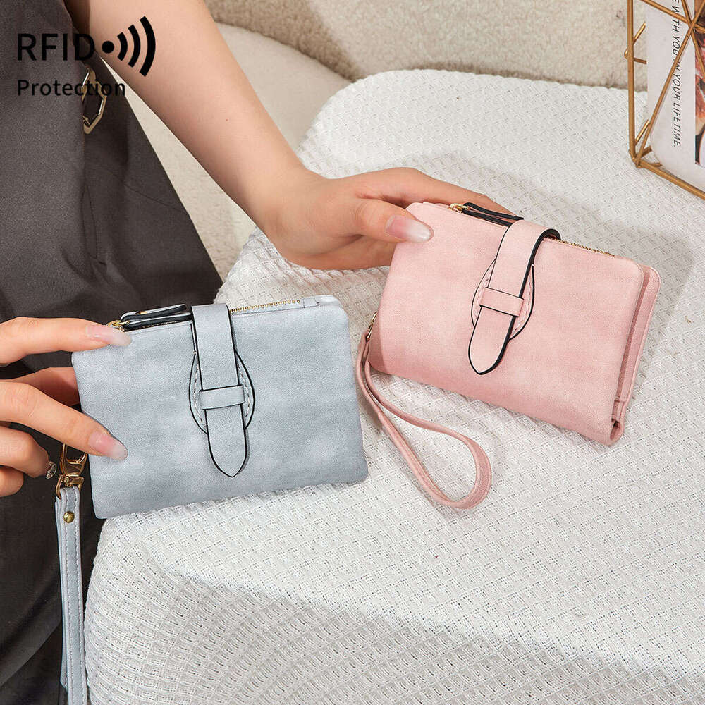New RFID Women's Wallet Soft Leather Solid Color 70% off Short Fashion Zipper Buckle Coin Purse