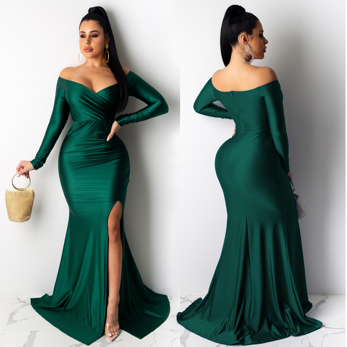 Tianmei Plus Size long sleeve floor length prom dress Sparkly sequins even Dresses side split sexy Mermaid Evening Gowns african Elegant Off Shoulder