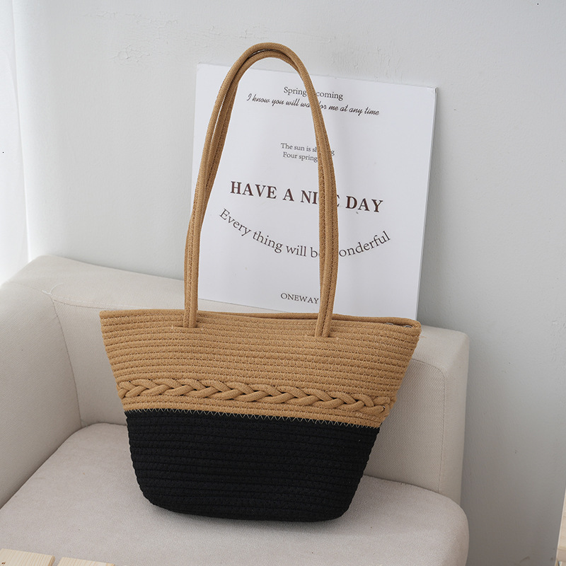 Two tone cotton rope woven handmade niche design beach bag summer women's multifunctional shoulder bag designer women's crossbody bag