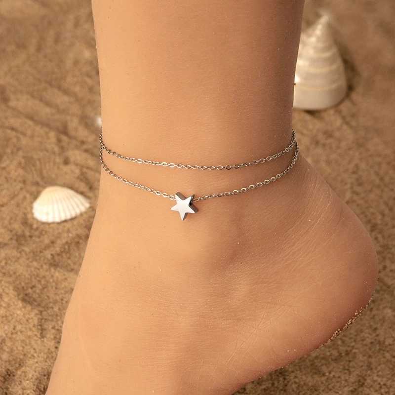 2024 New Star Charm Anklet Stainless Steel Double Layered Chain Ankle Bracelet For Women Girls Summer Beach Jewelry W250604