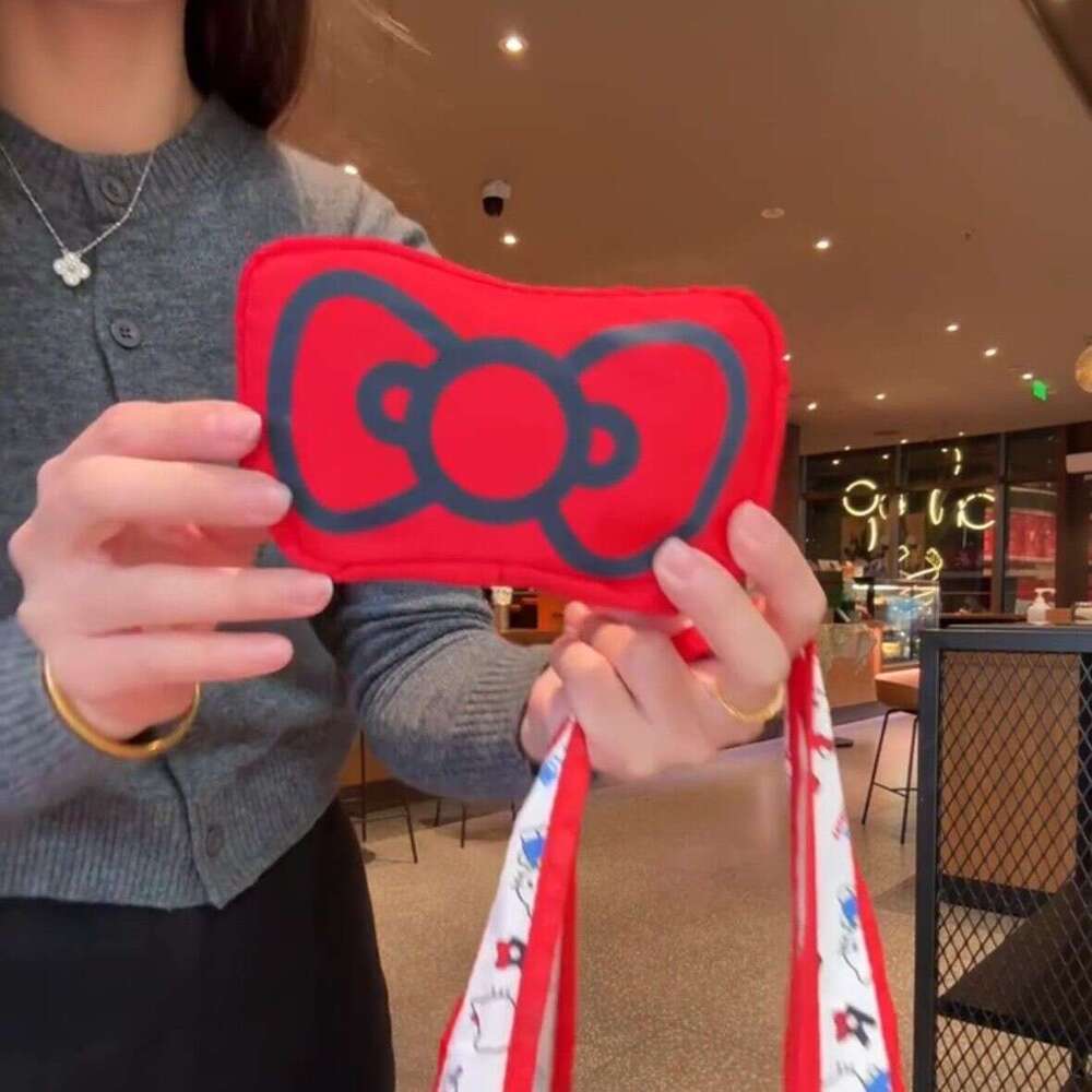 Shopping Kitty Red Bow 2025 New Foldable Storage Eco-friendly Full Print Single Shoulder Handheld Tote Bag