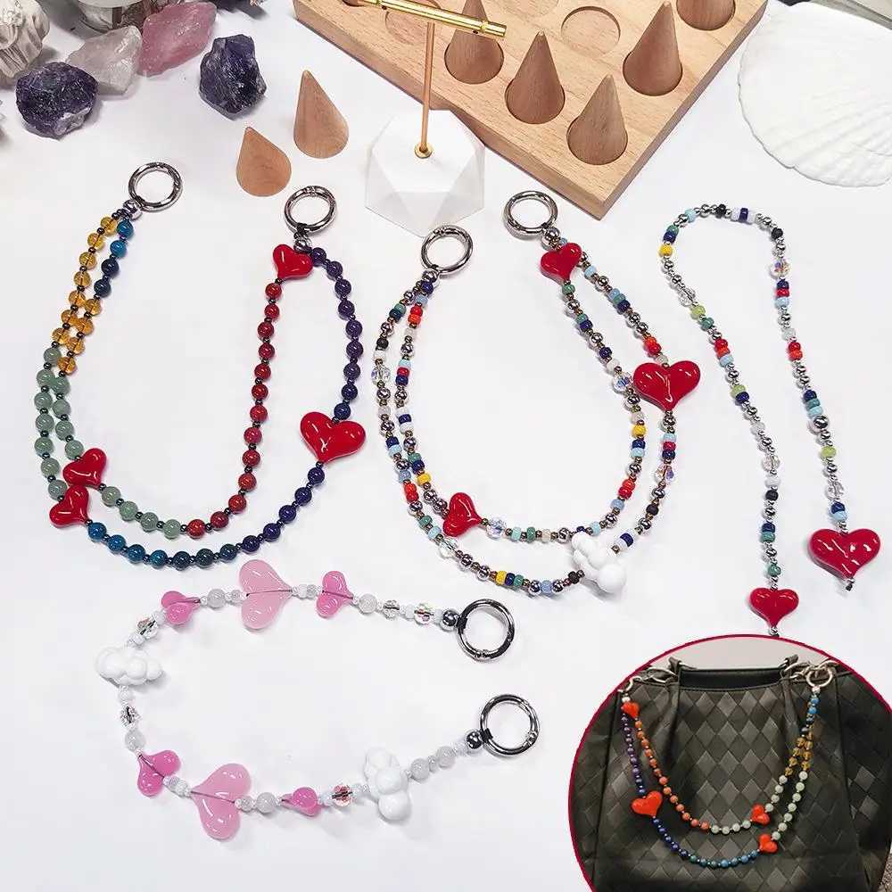 Colorful Beads Hanging Chain Bag Charm Women Y2K Accessories Red Love Heart Bag Charms Chain Pendant Decor Fashion Lady Jewelry W250604
