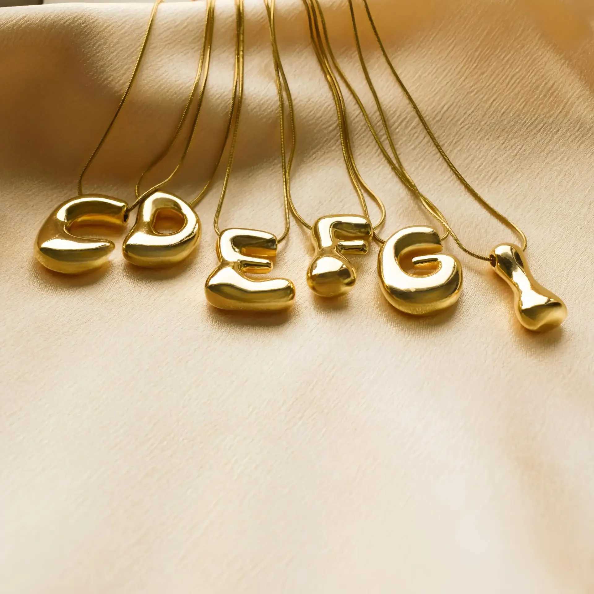 Golden Color Stainless Steel Initial Necklace for Women Girls Chunky Bubble Letter Pendant Necklaces Trendy Collar Jewelry Gift XJ250604