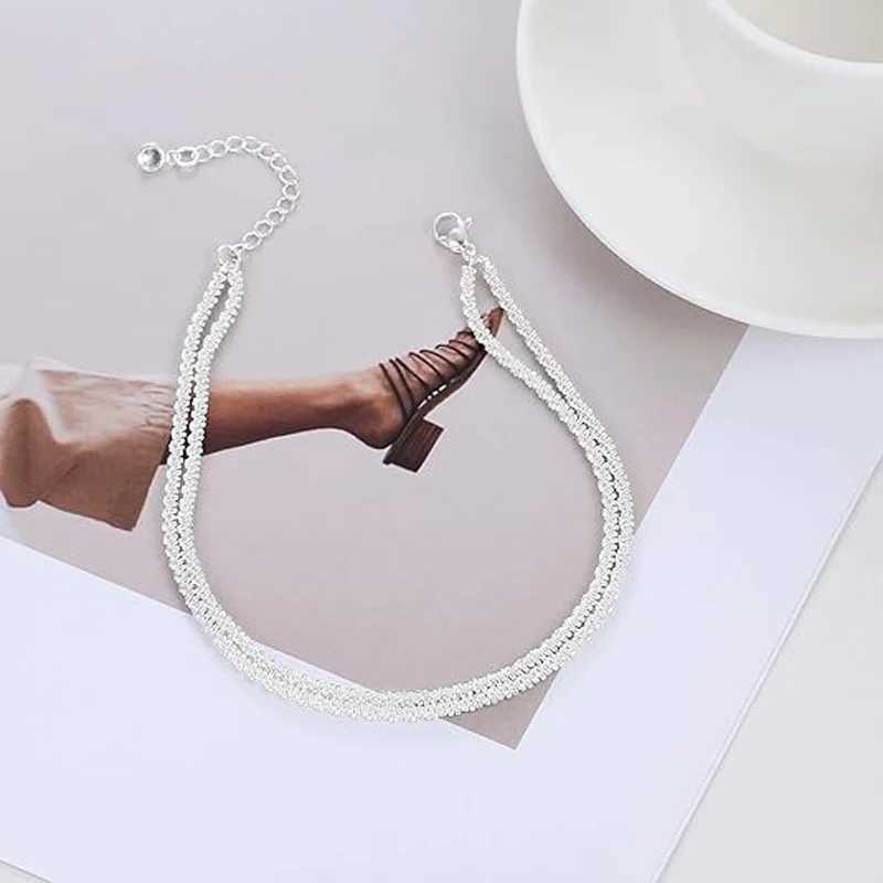 Sterling Silver Ankle Bracelets for Women Dainty Adjustable Layered Anklet Set Stackable Cuban Link Anklets Beach Jewelry W250604