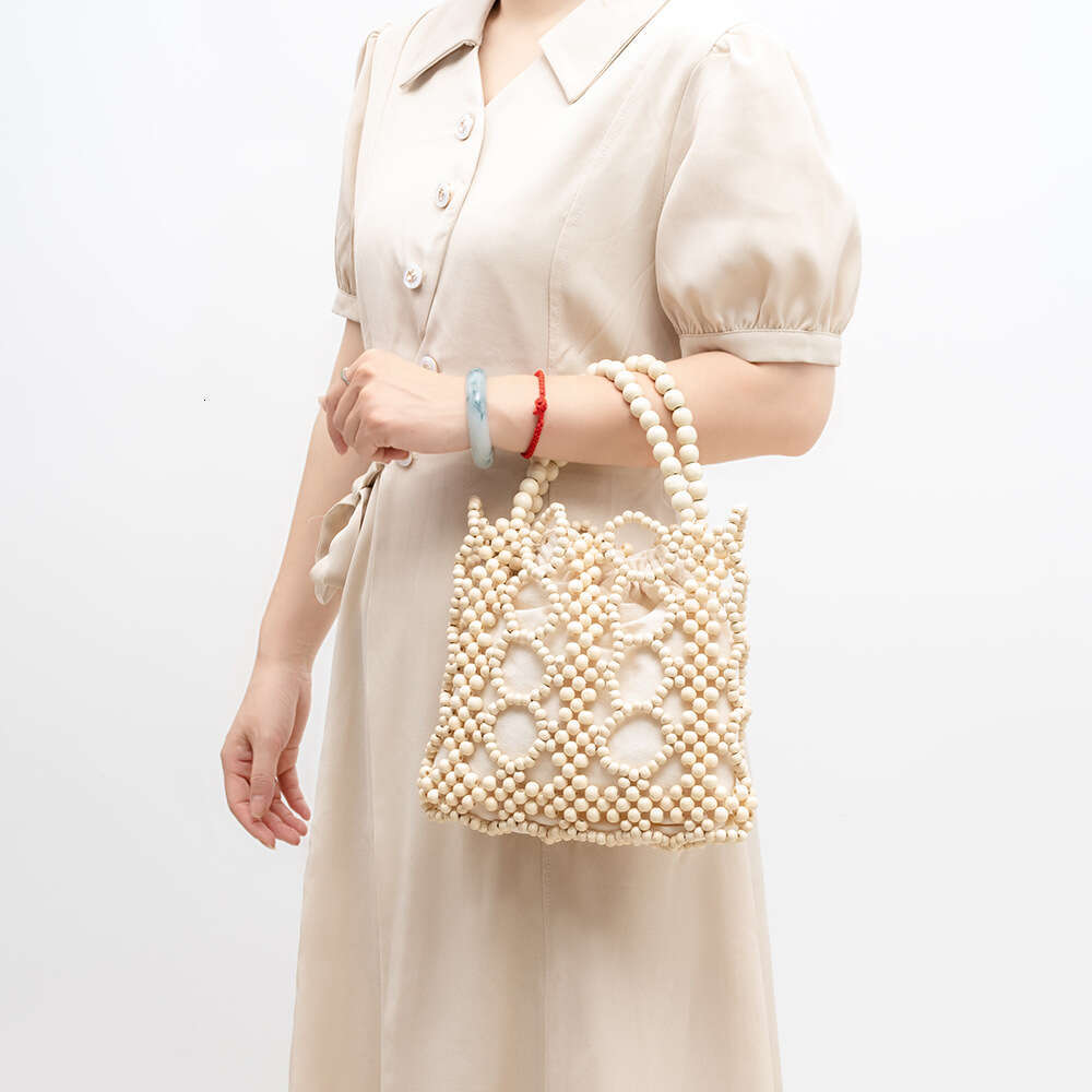 High-End Handbag For Women Niche Design Wooden Bead Color-Block Handwoven Bag Large Capacity Women's Bags