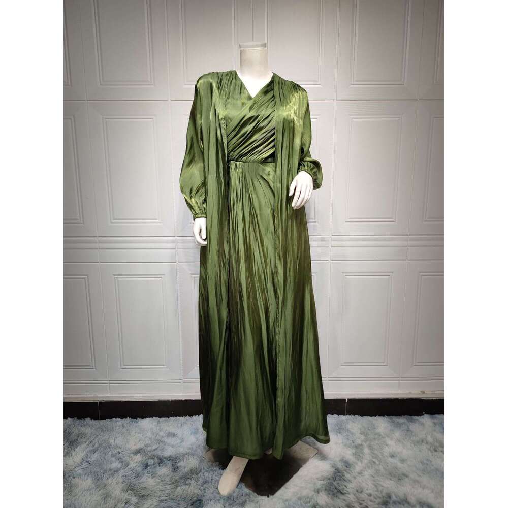 Mq056 Modest Shiny Silk Dress Dubai Turkish Robe Fashion Abaya Soft Two-Piece Set B5