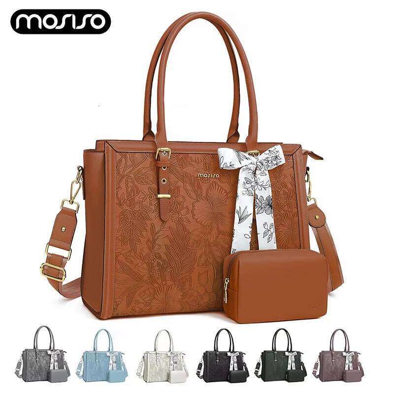 MOISISO 15.6 Inch Women's Large Capacity Waterproof PU Leather Tote For Computer Laptop Shoulder Bag Bussiness Office