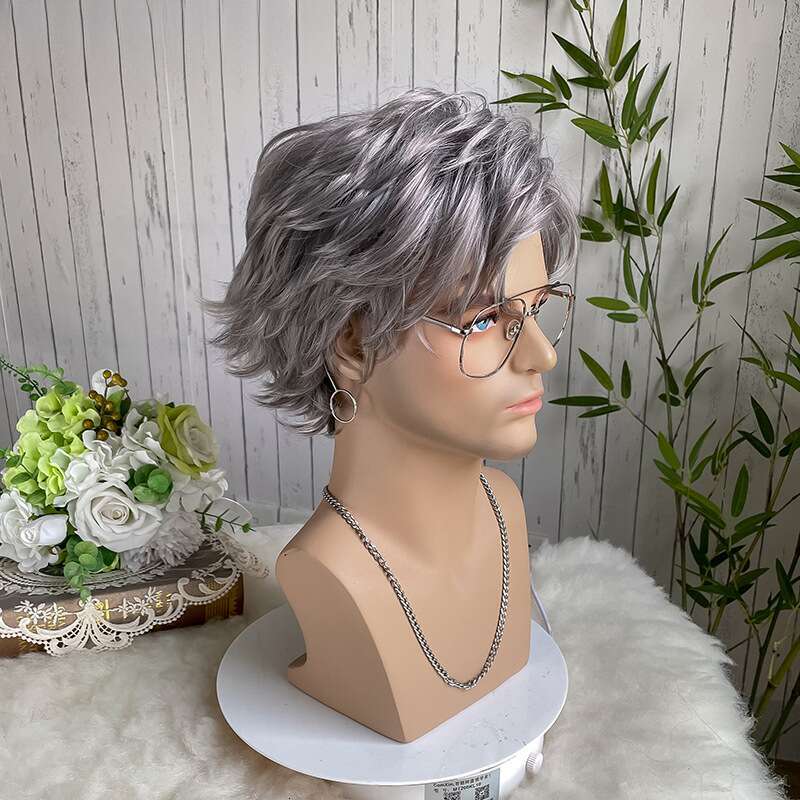 Fashion Men's Short Curly Hair Sier Gray Gradient Synthetic Fiber High-Temperature Wig Cap