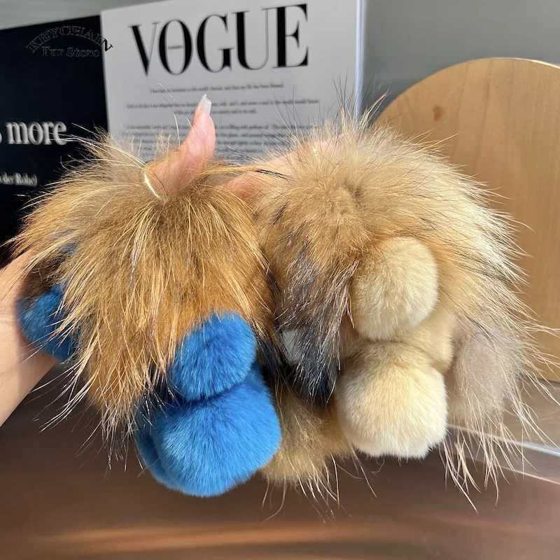 Cute Lion Real Rex Rabbit Fur Keychain Plush Toys Trinkets Women Bag Ornaments Pendant Car Keyring Rearview Mirror Decoration W250604