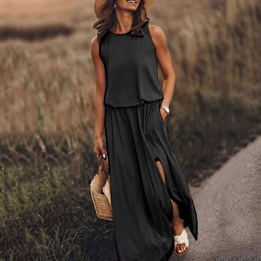 Summer New Women's Round Neck Sleeveless With Slit, Multi-Color Solid Color Long Dress B5