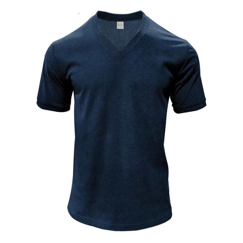 Mens corduroy T European and American summer mens clothing V-neck solid color slim fit casual T-shirt short sleeved top 250604