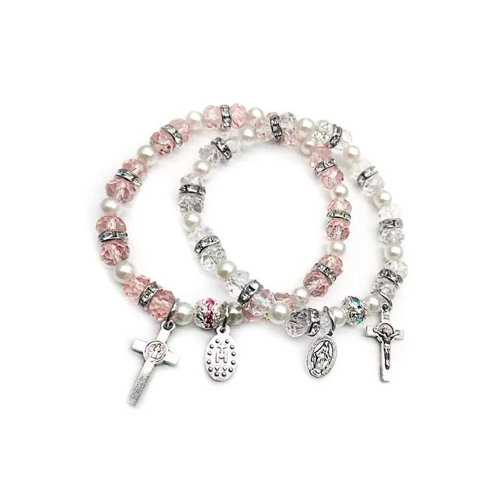 New Arrival 3 Colors Vintage Catholic Jesus Cross Charms Bracelet Crystal Beaded Stretch Bracelets For Women Men Jewelry Religious Gifts V250605