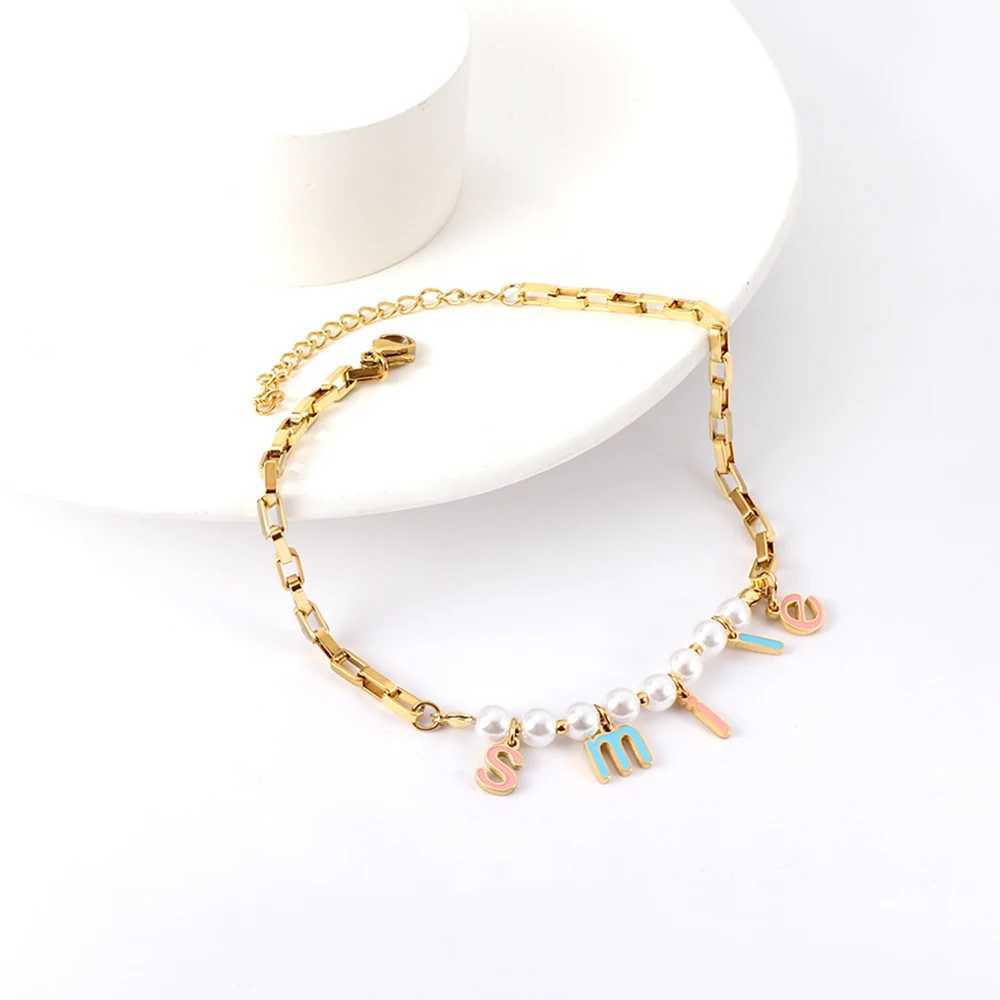 LUXUSTEEL Boho Smile Letter White Pearl Anklet for Women Stainless Steel Cable Chain Summer Beach Bracelet on the Leg Gifts W250604