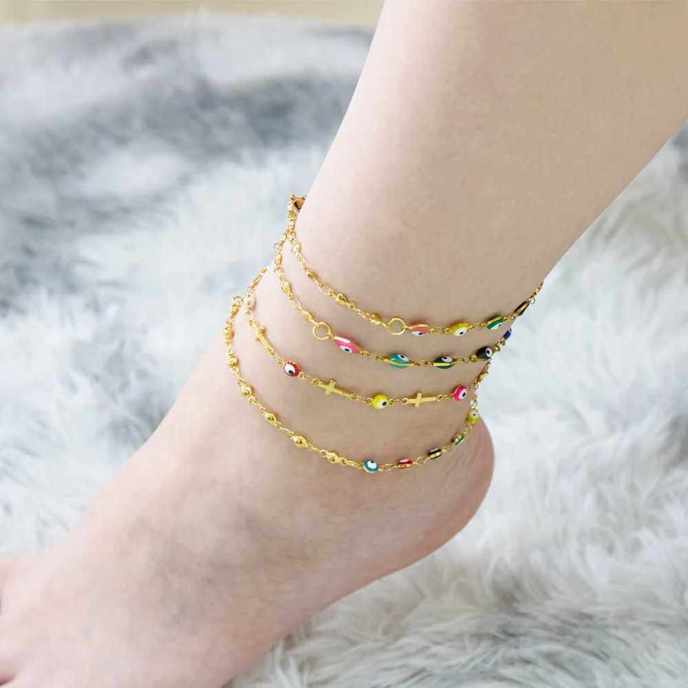 LUXUSTEEL Colorful Evil Eye Anklets For Women Girls Stainless Steel Bohemian Turkish Ankle Bracelet Summer Beach Jewelry W250604