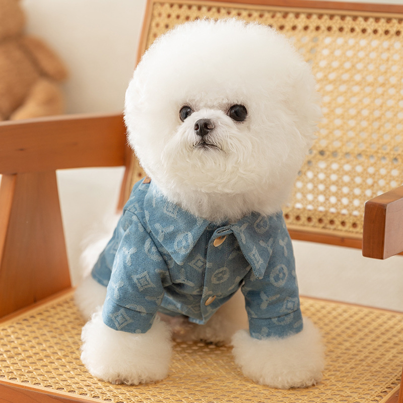 Dog Jean Jacket, Denim Lapel Coat Jacket Costume, Fashion Pattern Embossing Girl Boy Puppy Cat Clothes with D-ring, Warm Comfort Apparel for Small Med