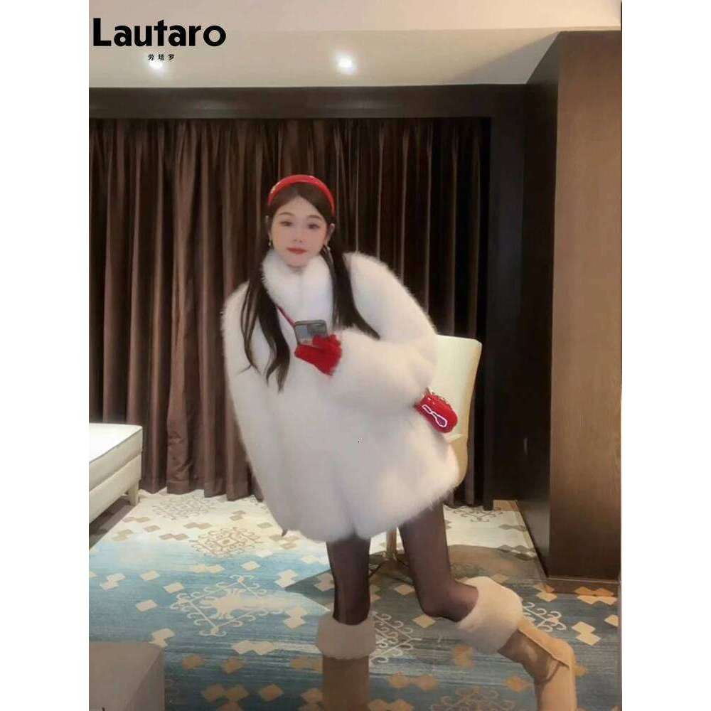 Lautaro Autumn Winter Black Soft Thick Warm Hairy Shaggy Faux Fox Fur Coat Women Stand Collar Loose Casual Fluffy Jacket