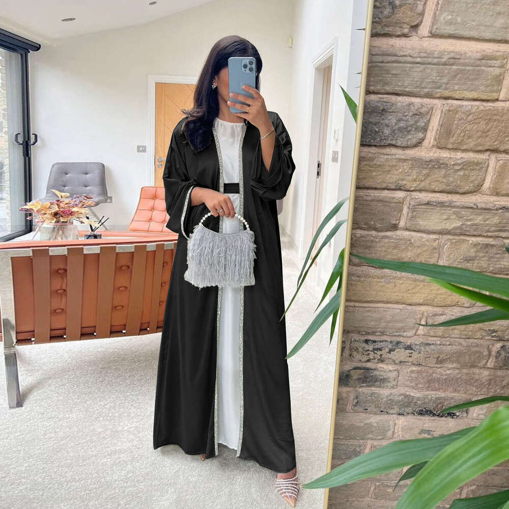 Mq058modest Rhinestone Long Dress Modern Fashion Satin Soft Outer Waist-Cinching Robe White Inner Abaya B5