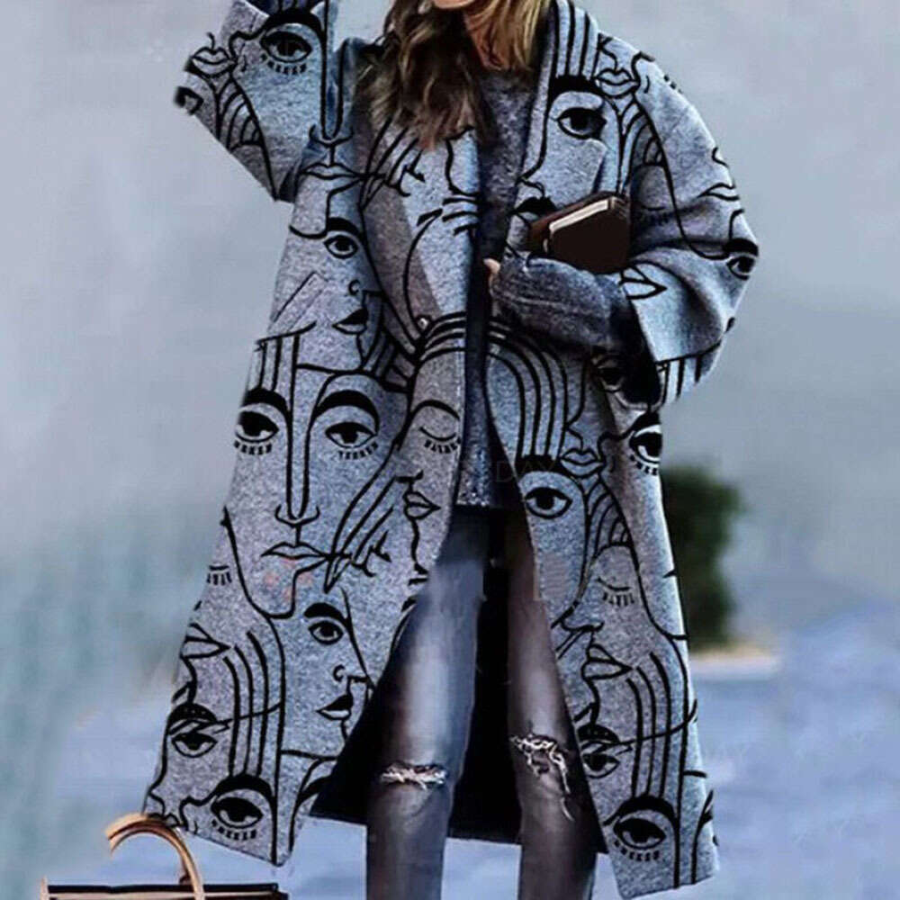 Autumn Women's Fashion Multiple Color Block Plaid Long Sleeve Turn-Down Collar Printed Dragon And Phoenix Woolen Coat B5