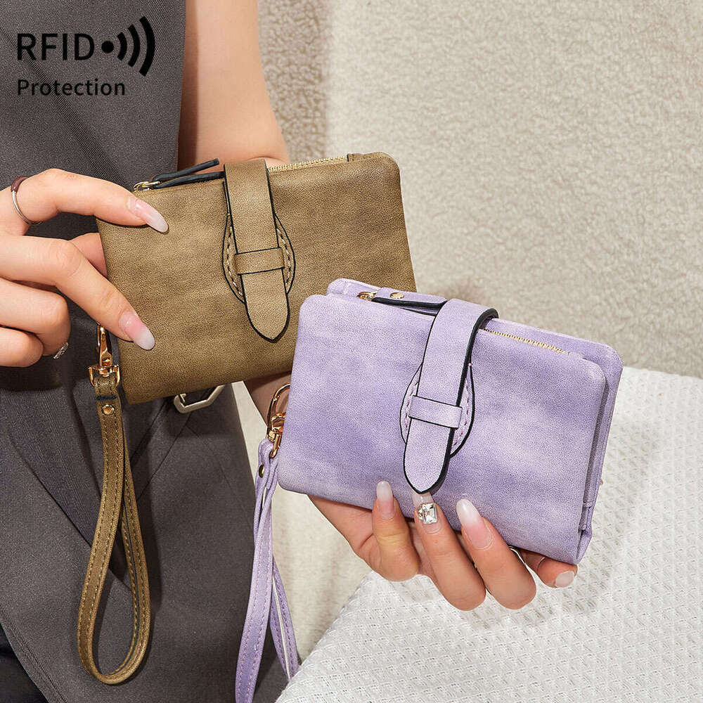 New RFID Women's Wallet Soft Leather Solid Color 70% off Short Fashion Zipper Buckle Coin Purse