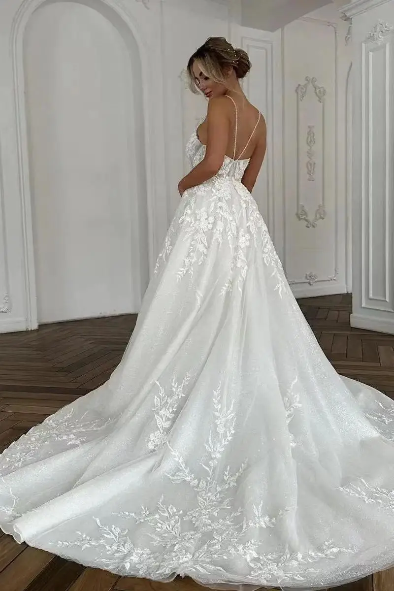 Glitter Lace Appliques Boho Wedding Dresses Deep V-neck Spaghetti Straps Summer Beach Bridal Gowns A-line Court Train Sleeveless Vestido De Novia