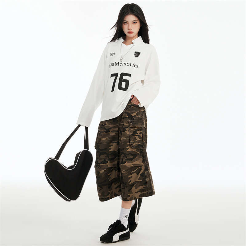 American Style Girl Camouflage Cropped Jeans For Women Spring Summer New High Waist Loose Slimming Sweet Spicy Mid Pants B5