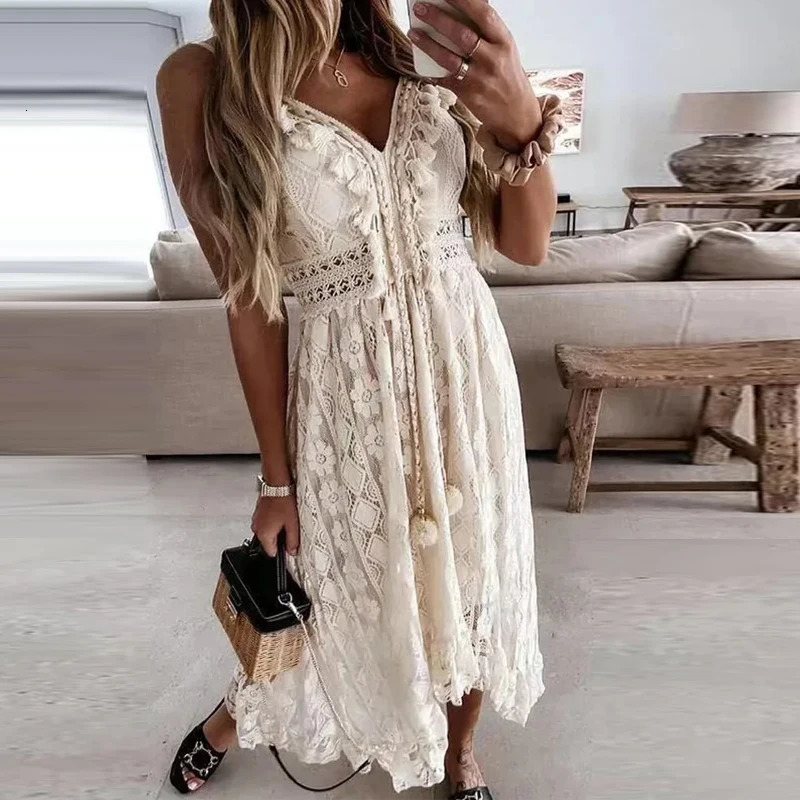Womens Vneck Slim Shoulder Strap Sun Skirt Hook Flower Hollow Out Elegant Vacation Bohemian Style Lace Dress 22194 250604