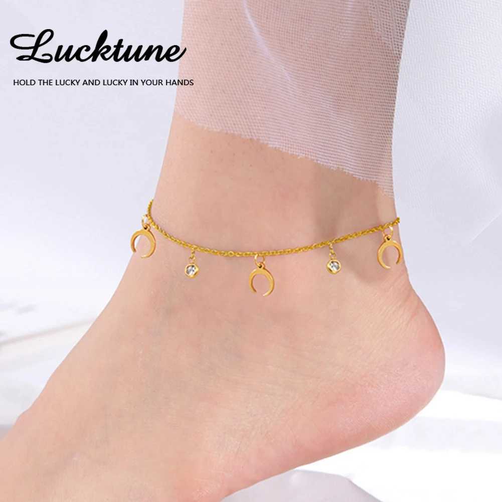 Lucktune Crystal Moon Anklets for Women Stainless Steel Crescent Tassel Sandals Foot Chain Summer Jewelry Boho Beach Accessories W250604