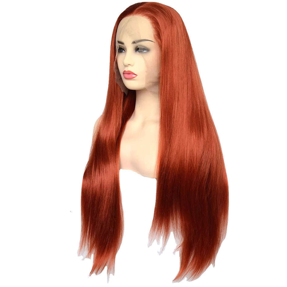 Brown Red Women's Handwoven Front Lace 350#Long Straight Synthetic Hair Wig With Half Hand-Tied Bangs