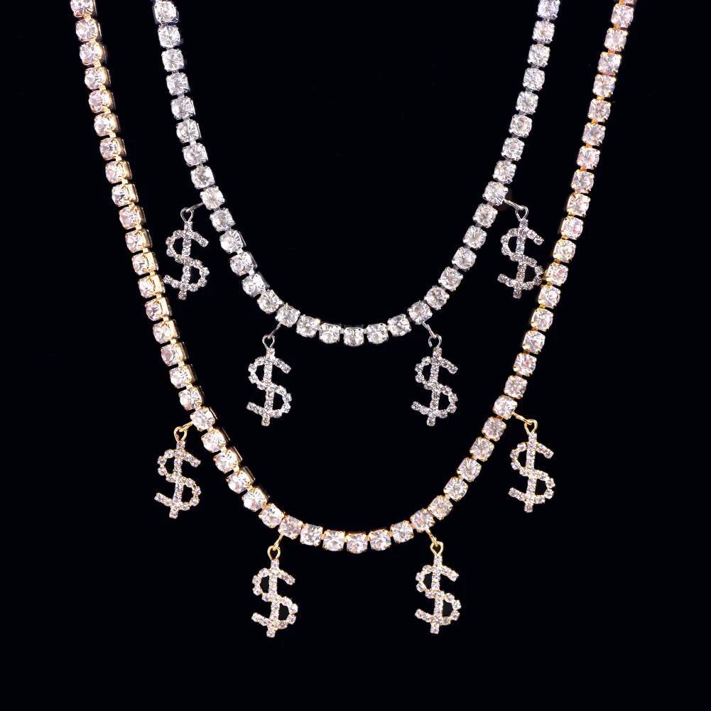 Bling Rhinestone Dollar Sign Pendant Choker for Women Gold Sier Color Crystal Chain Necklace Statement Jewelry