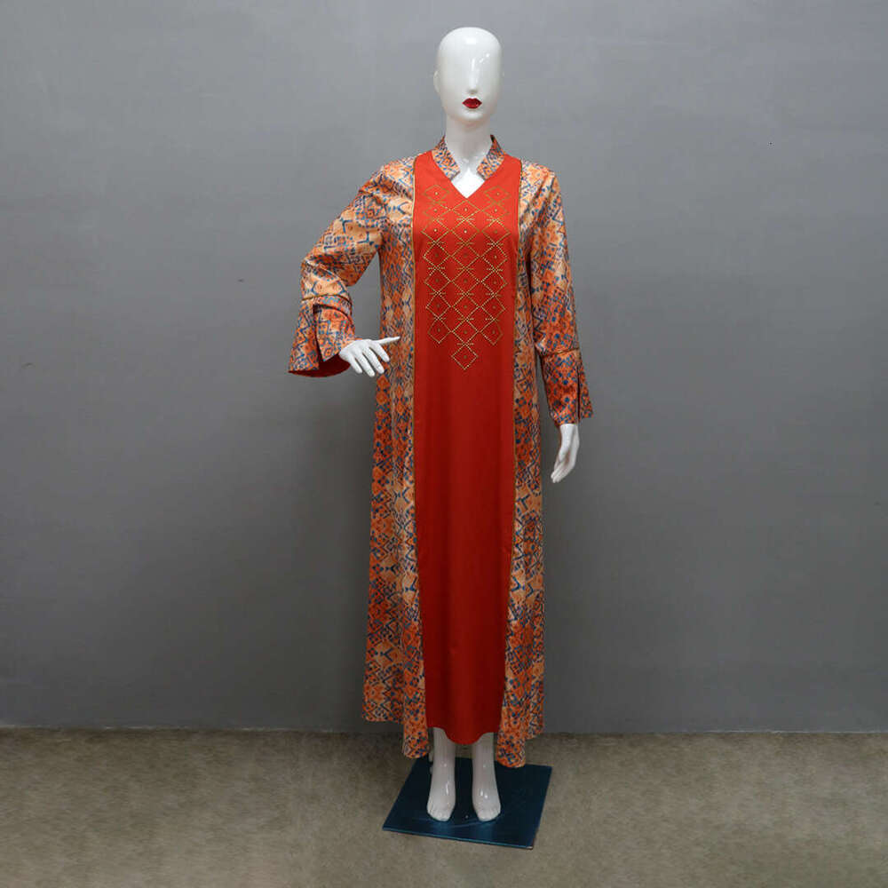 Because0264 Muslim Ethnic Clothing Fashion Print Color-Block Rhinestone Embellished Robe B5