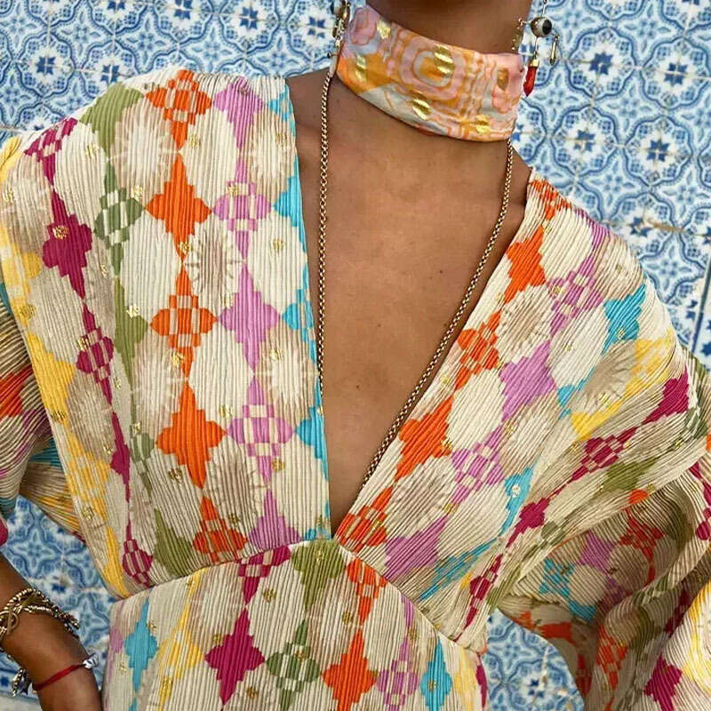 Women's Elegant Printed V-Neck Lantern Sleeve A-Line Dress B5