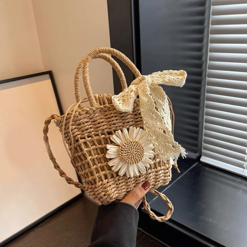 Lace Bow Straw Weave Womens Handbag Casual Crossbody Bag Small Bucket Tote Summer Beach Bag 250530