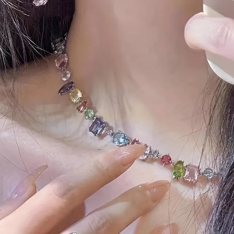 Boho Sweet Candy Colored Zircon Necklace Bracelet Jewelry Sets for Women Delicate Summer Chain Wedding Party Jewelry Gifts 250530