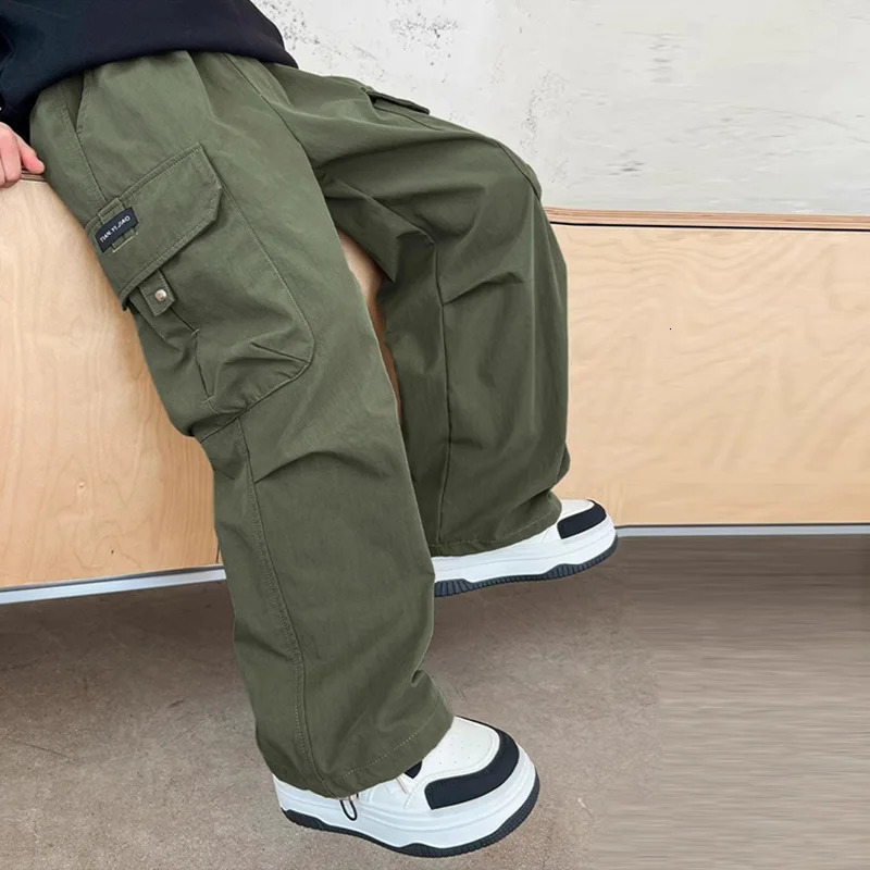 Boys Cargo Pants Children Spring Casual Trousers Children Autumn Straight Loose Pants Teenager Solid Color Wide-leg Clothing 250528