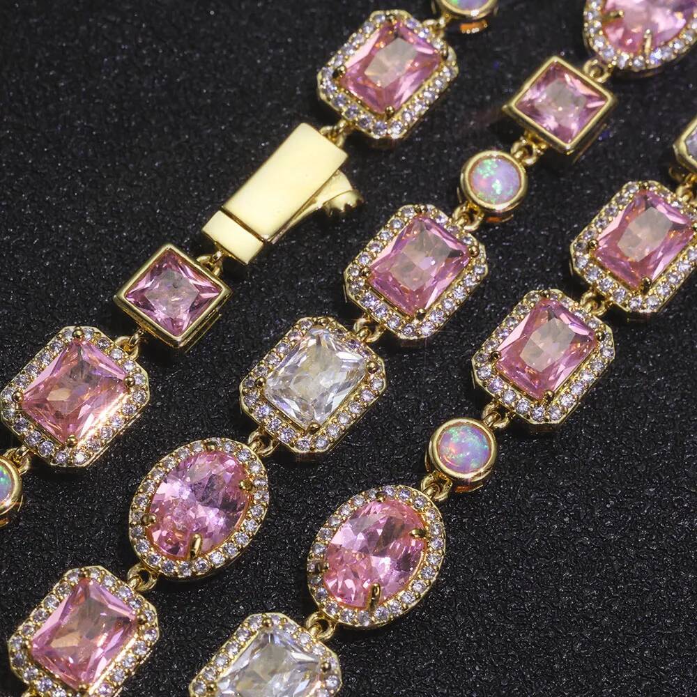ESKEEM 10mm Opal Custom Bling Pink Cz Stone Sier Gold Plated Necklace Geometric Gemstone Motif Iced Out Link Chain