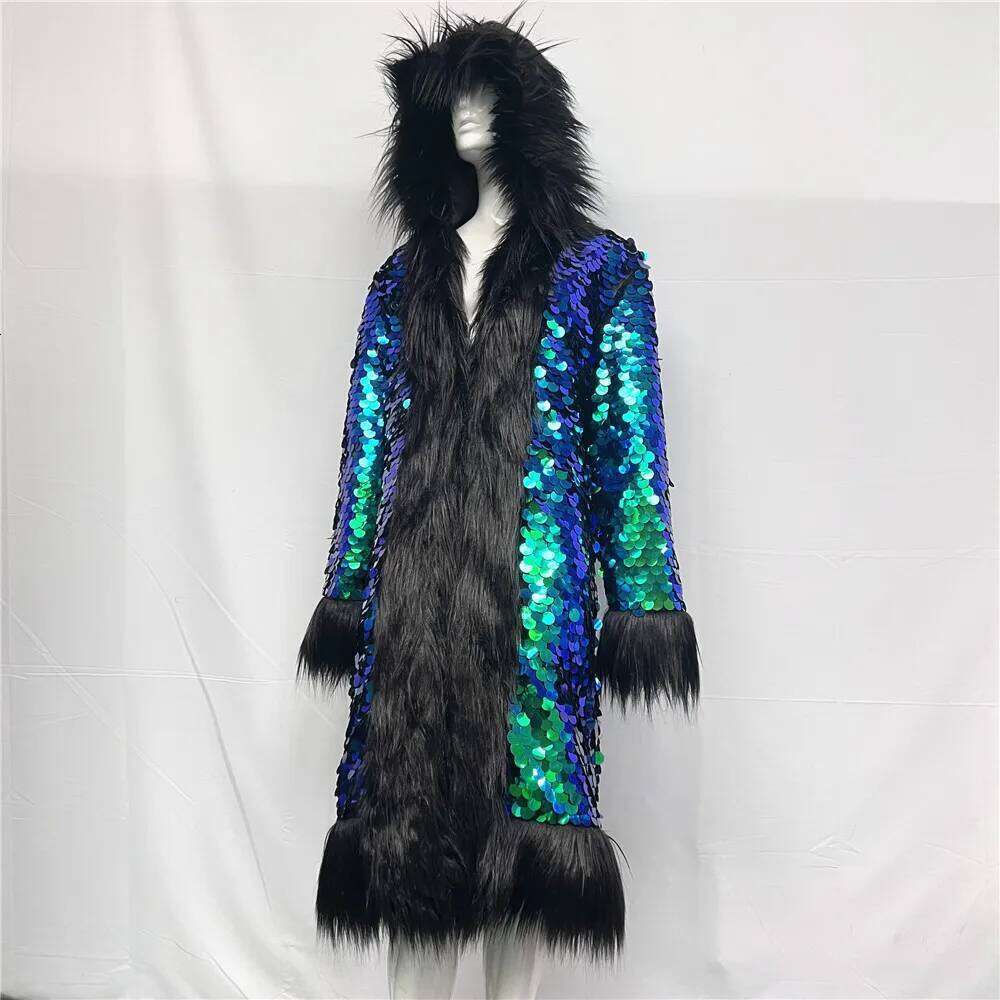 Fashion Sequin Faux Fur Hooded Long Cloak Overcoat Stage Party Performance Clothes Women Singer Bar Concert Drag Queen Costume