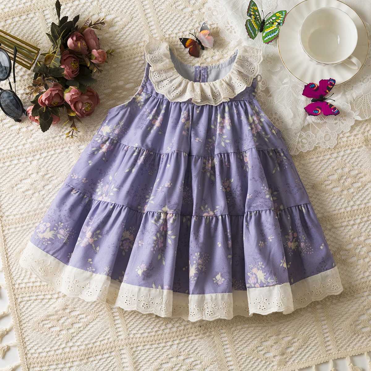Baby Girl Korean Style Dress Lace Doll Collar Purple Floral Print Sleeveless Dress Summer Elegant Girl Party Dress R250530