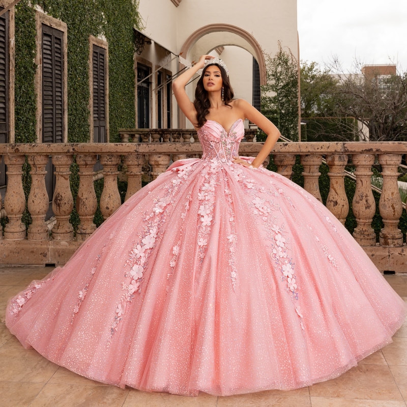 Pink Shiny Quinceanera Dresses Ball Gown Applique Flower Beads Bow With Cape Tull Party Birthday Sweet 16 Vestidos De XV 15 Anos