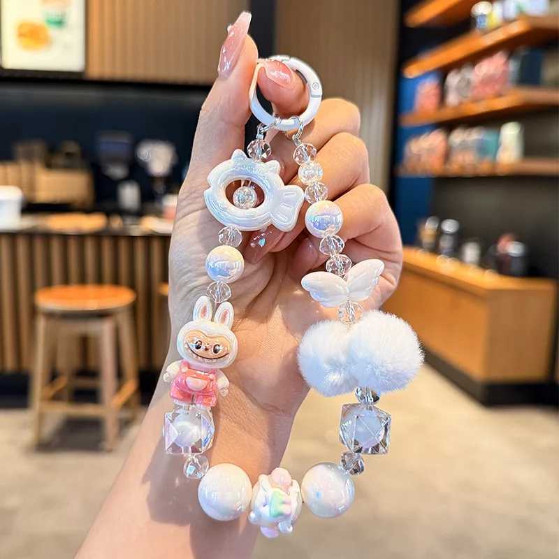 Labubu Painted Beads Phone Chain Hairball Keychain Sweet Girl Anti-lost Wrist Strap Bracelet Earphone Case Charm Bag Decoration M250604