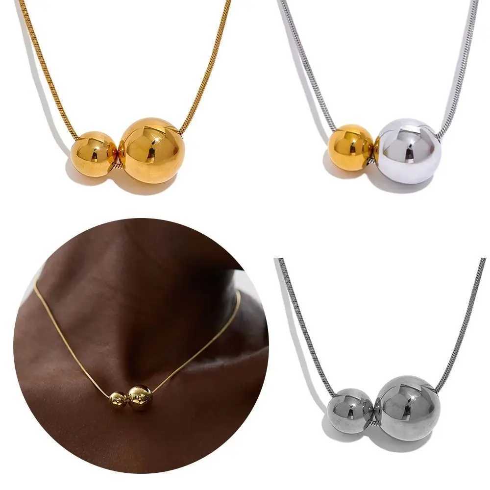 Minimalist Stainless Steel Round Ball Beads Pendant Necklace Waterproof Metal Gold Color Trendy Sweater Chain Necklace for Women XJ250604