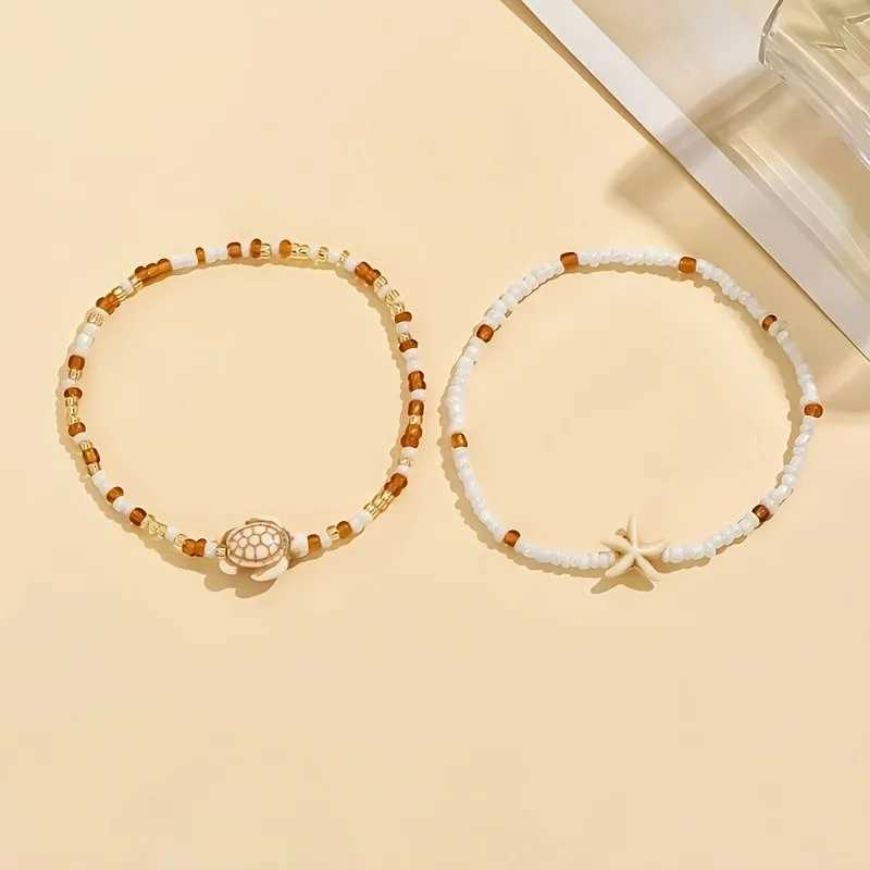 Set of Two Brown Starfish and Turtle Designs Pendant Anklet for Women Summer Ocean Theme Foot Jewelry Ideal for Beach Vacations W250604
