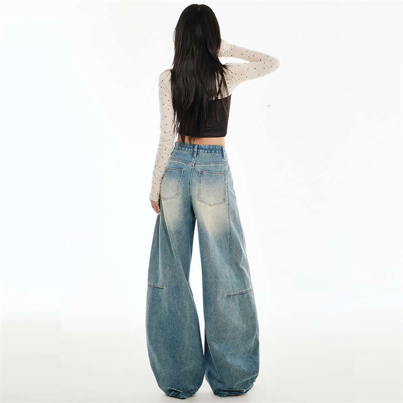 American Style Light Blue Wide Leg Jeans For Women Spring New Loose Lazy High Waist Scimitar Pants B5