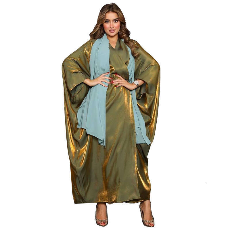 Mq049 Modest Muslim Fashion Shiny Satin Solid Color Batwing Sleeve Long Robe Plus Size Women's Clothing B5