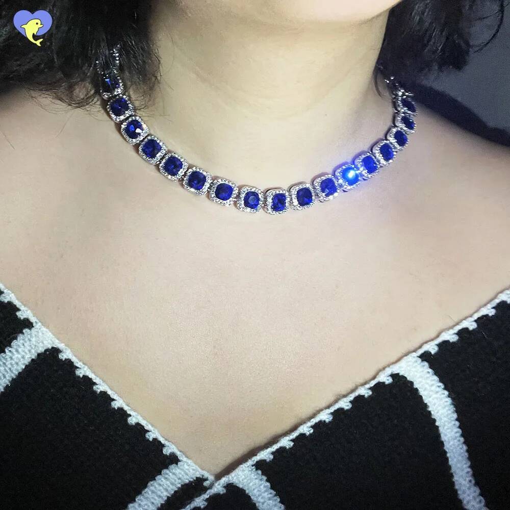 Fashion Royal Blue Women Men Tennis Cuban Chain Necklace Link Hip Hop Square Bling AAA Rhinestone Glass Jewelry
