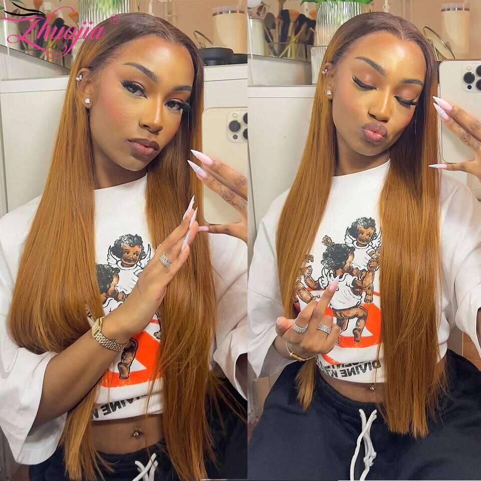 250% Double Drawn Human Hair 13x4 Bone Straight Frontal Wig T4/30 Honey Brown Lace Front Wigs For Women PrePlucked 30in