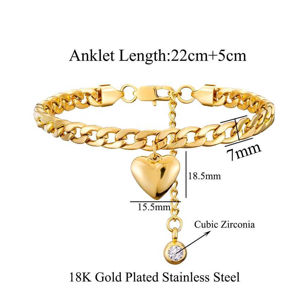 7mm Punk Cuban Chain Anklet Female Gold Silver Color Stainless Steel Heart Charm Leg Foot Ankle Bracelet for Women Jewelry Gift W250604