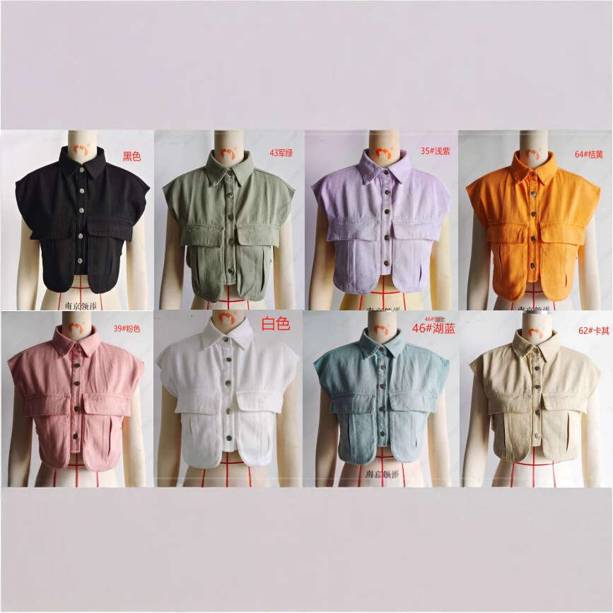 10 Colors Women's Clothing Spring Solid Color Large Pocket Sleeveless Polo Collar Denim Shirt Top For Women B5