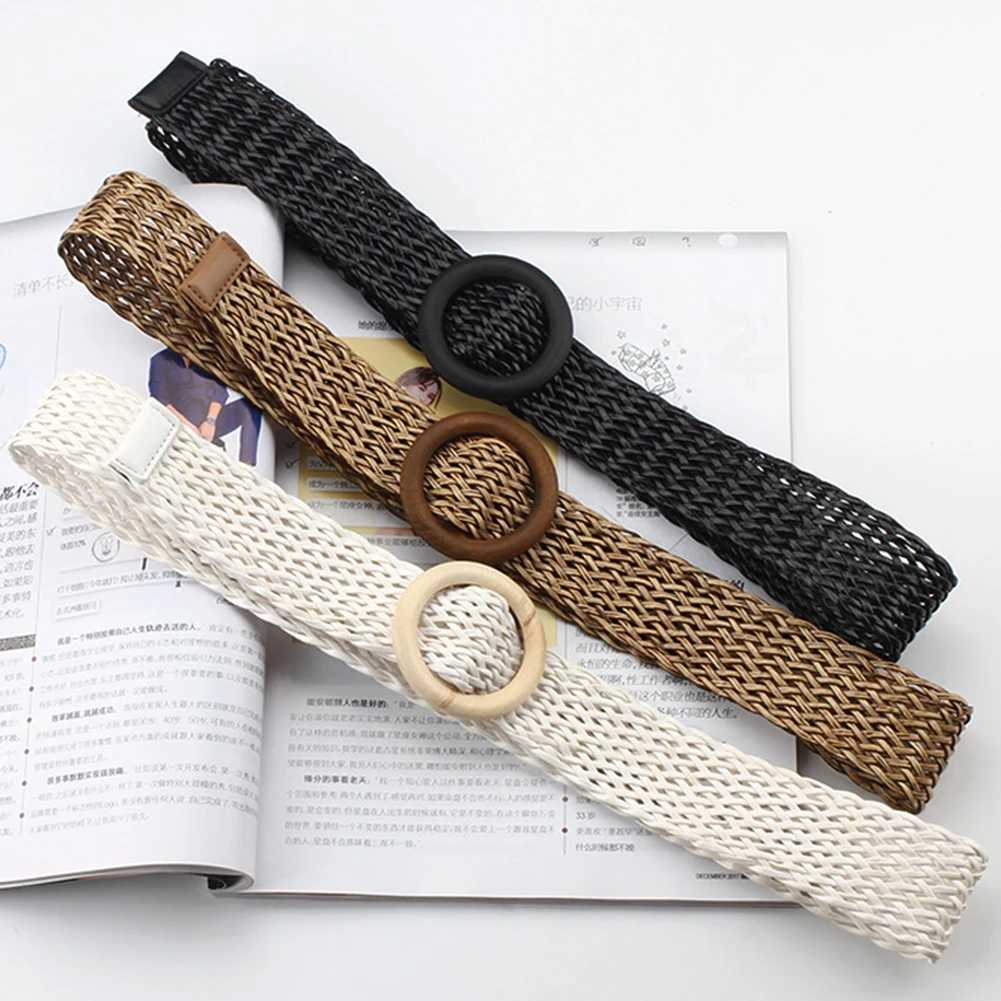 Summer Women Braided Belts Elastic Belt Buckle Vintage Bohemian Straw Buckle Belt Women Knitted Belt Dress Belt Fake Straw Waistband W250604