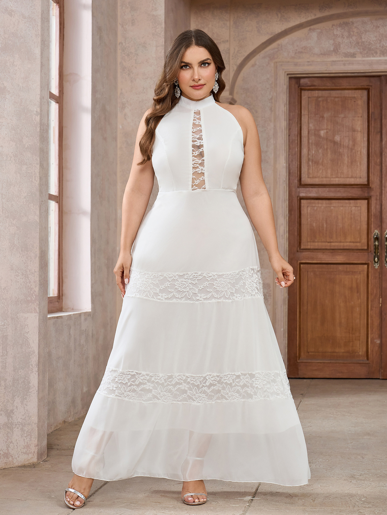 New plus size dress for womens sleeveless chiffon lace round neck solid color wedding banquet dress