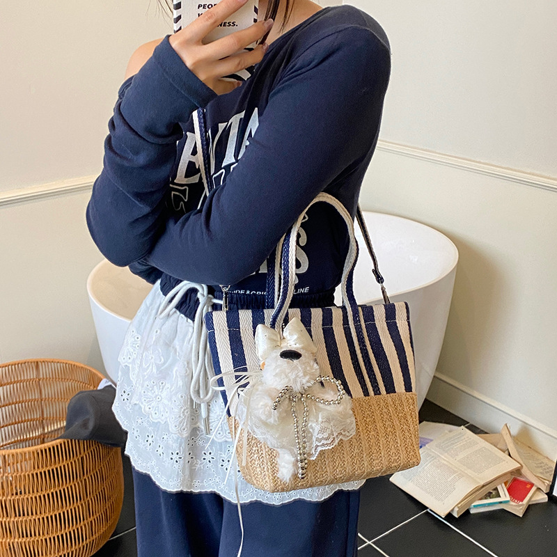 designer Canvas Patchwork Straw Woven Handbag for Women 2025 New Trend Striped Beach Bag Underarm Shoulder Bag Casual Tote Bag
